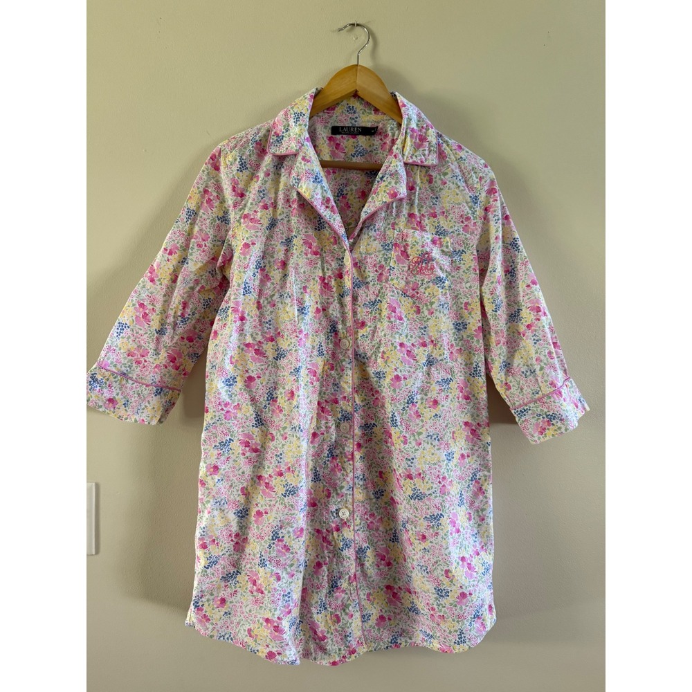 Lauren Ralph Lauren Floral Cotton Nightshirt Pink Blue Yellow 3/4 Sleeve Medium